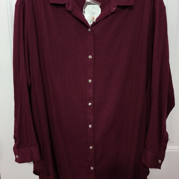 New Burgundy Oversized Button Shirt / 2X - Picture 2 of 6